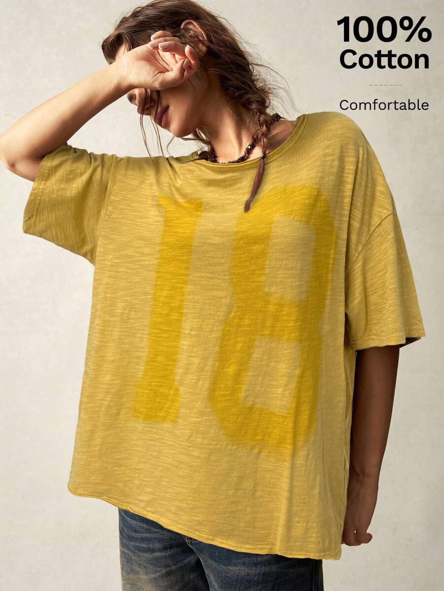 Bohemela Women Solid Color Knit Crew Neck Short Sleeve Loose Regular Casual T-Shirt