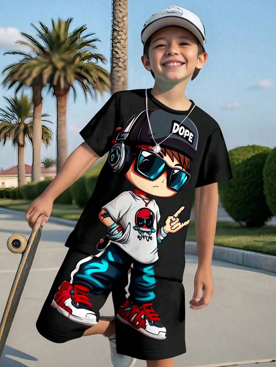 SHEIN 2pcs/Set Tween Boy Casual Minimalist Cartoon Pattern Short Sleeve Crew Neck Set, Suitable For Summer