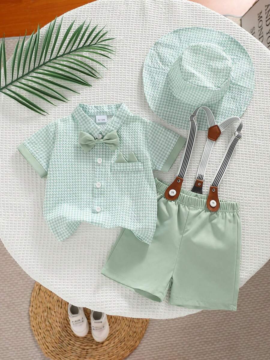 Souflis Souflis 4pcs Baby Boy Plaid Outfit - Green Short Sleeve Shirt With Bib Overalls Shorts For Formal Or Casual Occasions Such As Birthday, Wedding, Graduation
