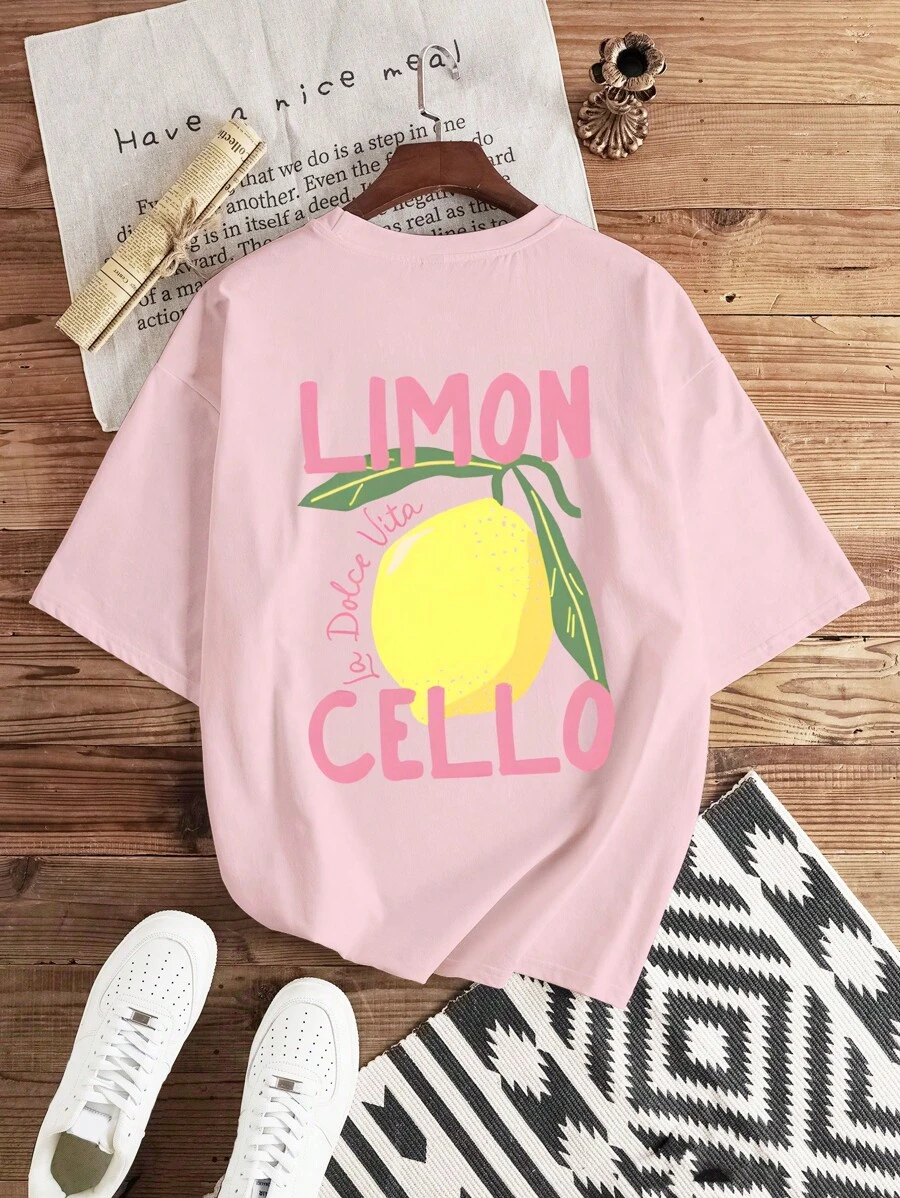 Manfinity Joysei Standard Size Men's Lemon Fruit Print Round Neck Pink T-Shirt, Casual & Fashionable, Suitable For Daily Wear ( Fabric)