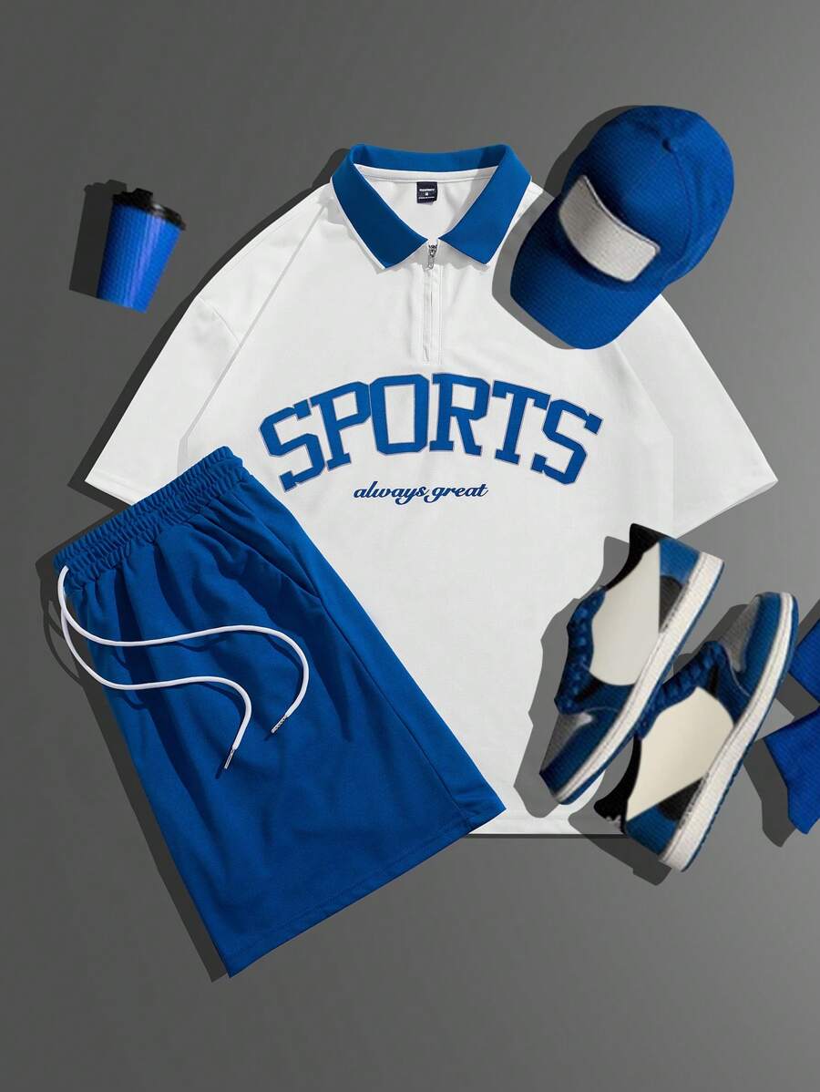 Manfinity Sporsity Men's Letter Print Short Sleeve Casual Athletic Polo Shirt And Shorts Set