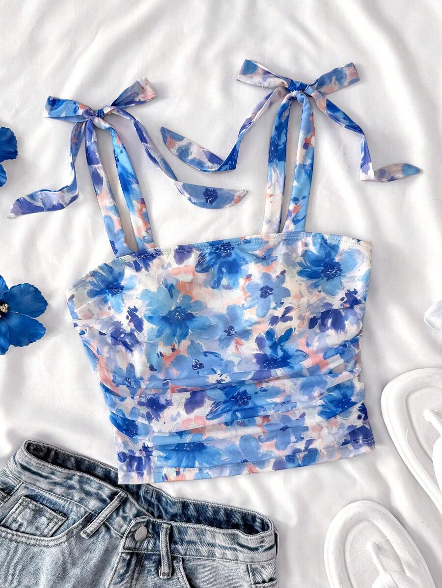 SHEIN Camicetta a fascia con stampa floreale lavorata a maglia, con fiocchi sulle spalline, adatta per ragazze adolescenti, per l estate, le vacanze e i viaggi
