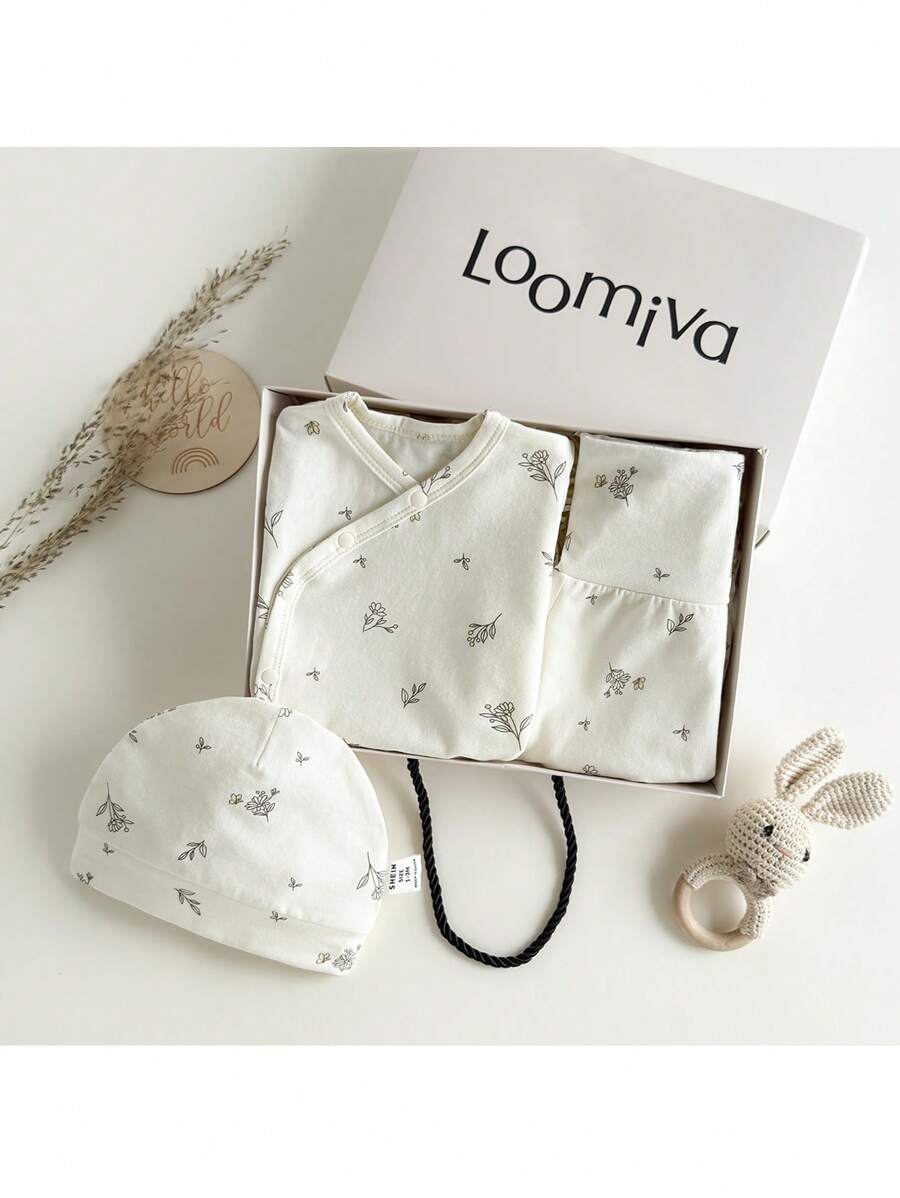 Loomiva Newborn Baby Girl 5pcs/Set Floral Print Soft Knit Long Sleeve Pullover Top, Elastic Waist Pants, Hat, Gloves, Bib Set