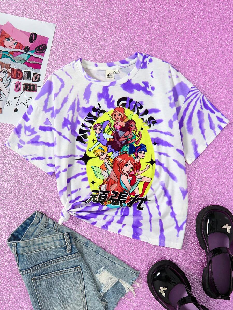 The Winx X SHEIN Maglietta con maniche corte, ampia, per ragazze pre-adolescenti, a tinta unita colorata, con stampa di ragazza stilizzata e effetto Tintura a nodi a spirale