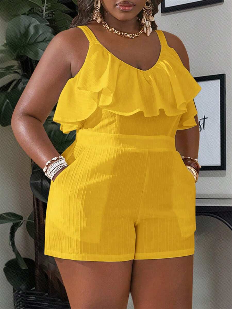 Slaydiva Plus Size Women Striped Textured V-Neck Ruffle Trim Sleeveless Jumpsuit - C