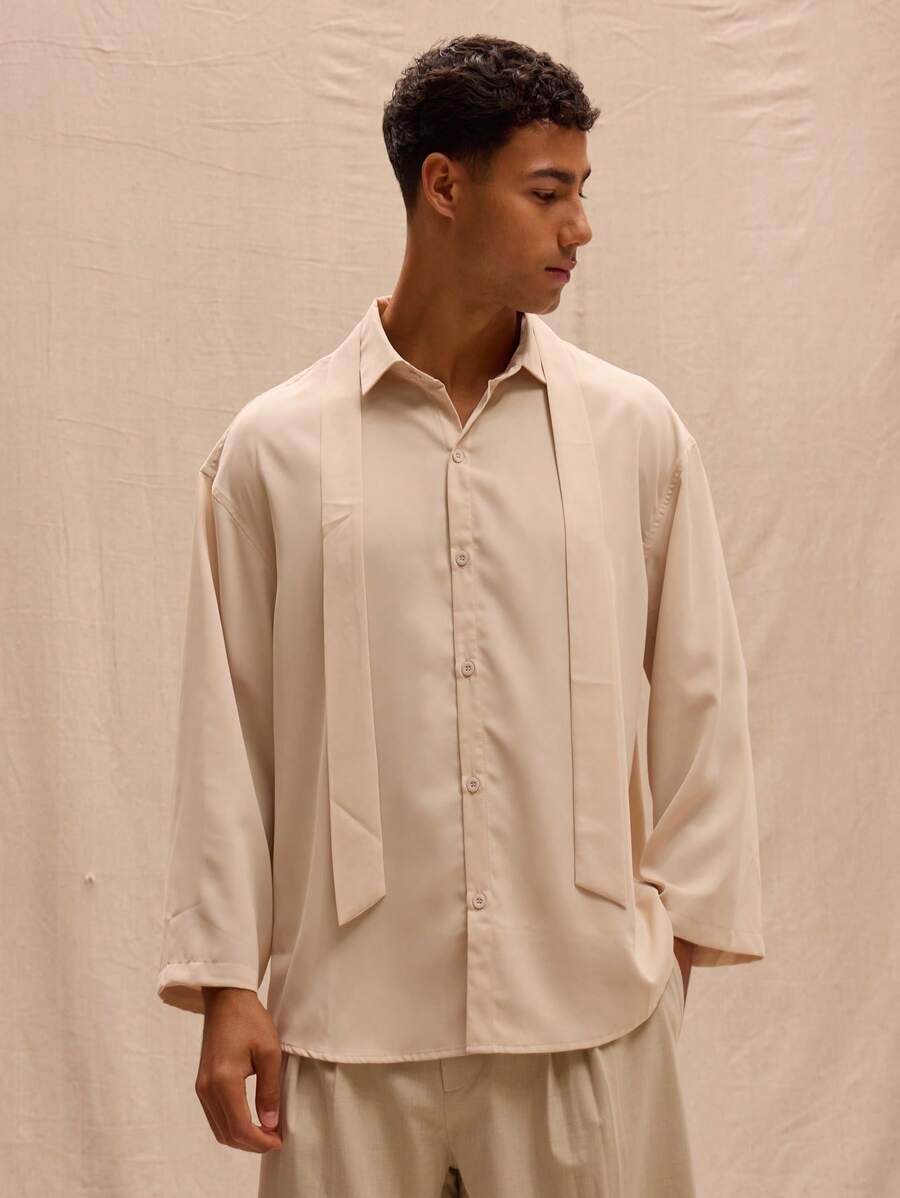 Musero Camisa elegante y minimalista con detalle de corbata en el cuello, ideal para primavera, verano, vacaciones y Pascua