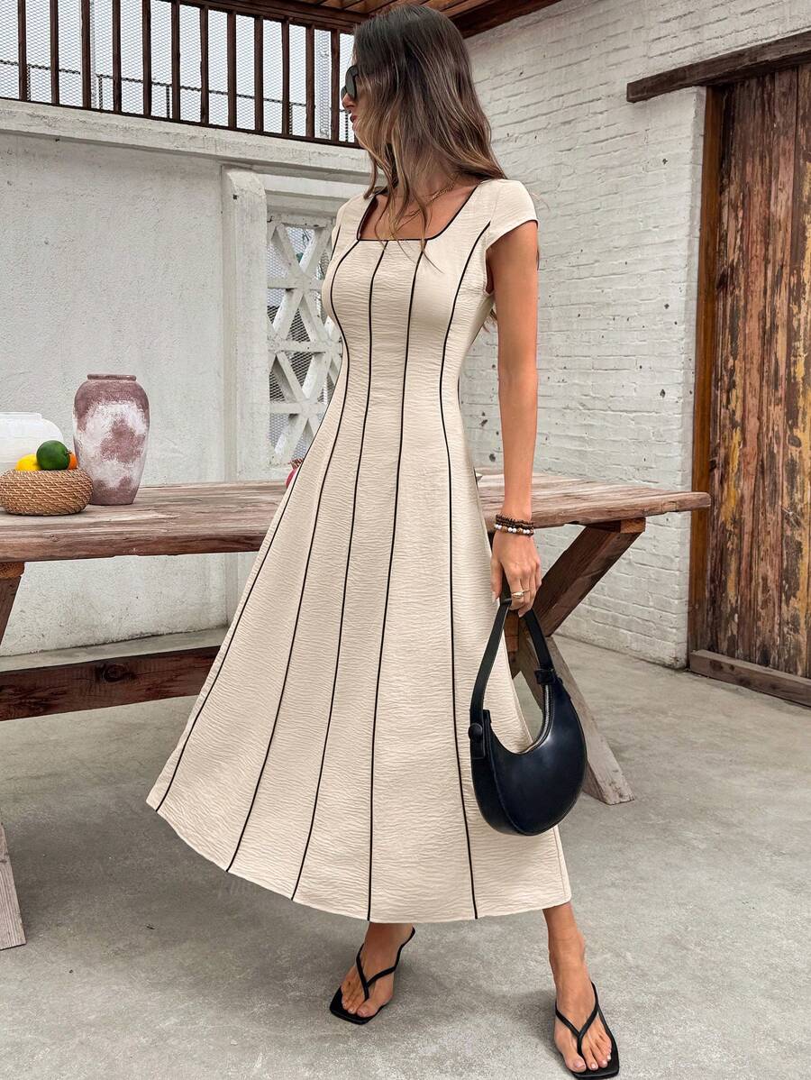 SHEIN Frenchy Abito casual da donna con scollo quadrato, maniche a palloncino e righe