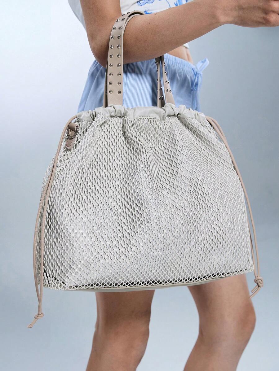 SHECARRY Grid Pattern Drawstring Large Capacity Fashionable Shoulder Tote Bag