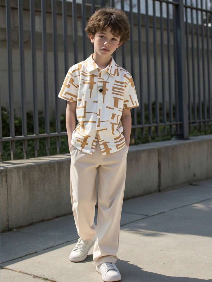 SHEIN 2pcs Set: Boys Casual Geometric Line Print Short Sleeve Shirt And Long Pants, Commuting