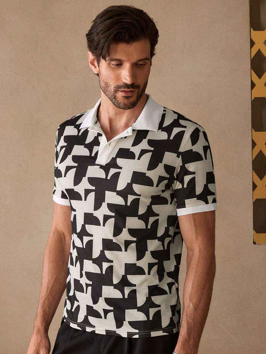 Manfinity ModaGents Men's Casual Geometric Print Slim Fit Short Sleeve Polo Shirt