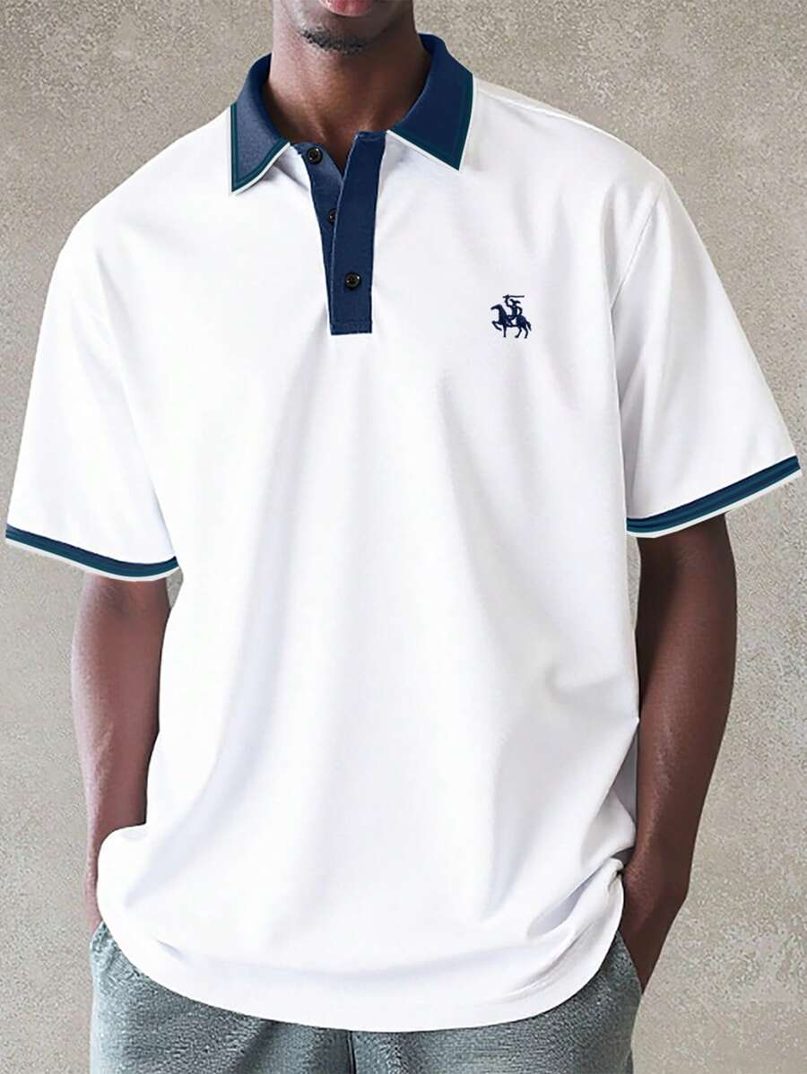 Manfinity Homme Classic Blue, Green And White Colorblock Embroidered Logo Short Sleeve Polo Shirt