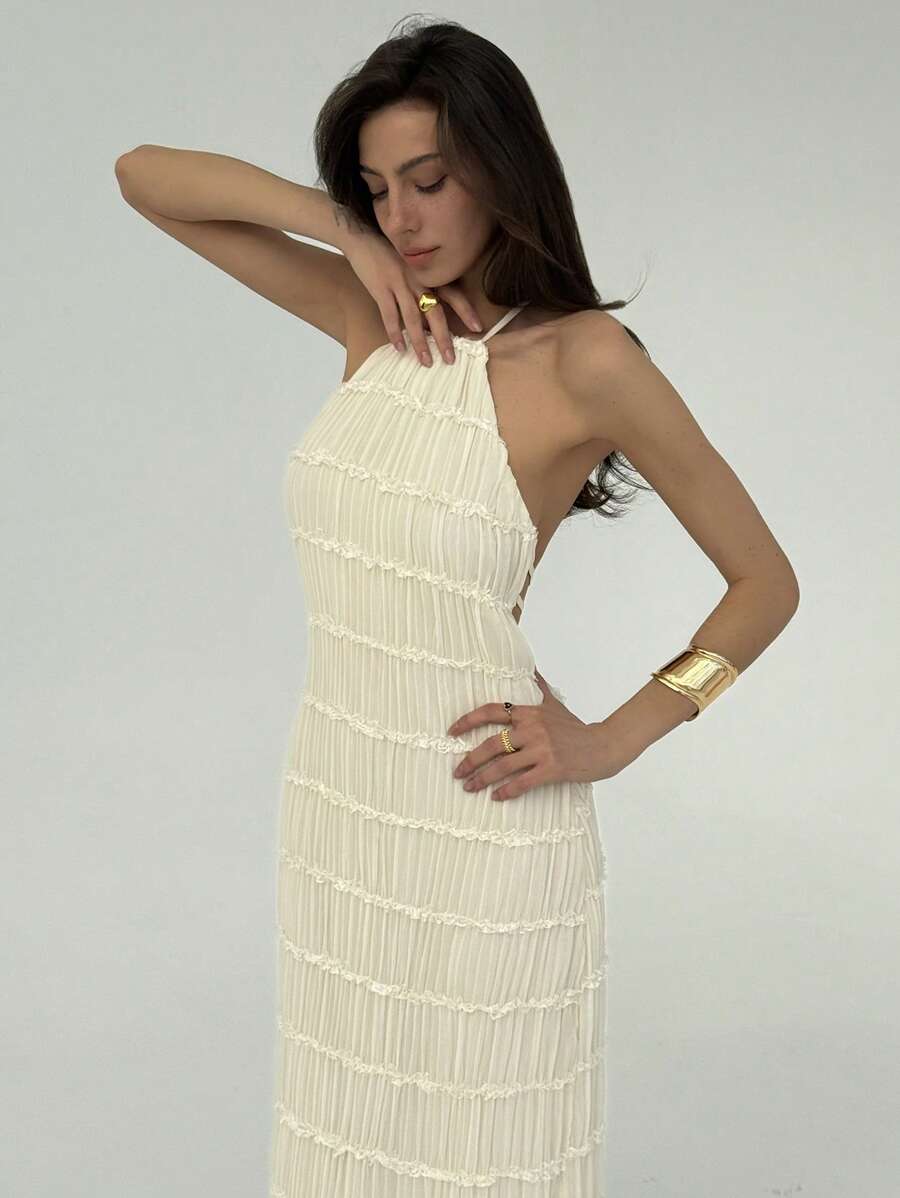 Aloruh Sexy halterjurk met blote rug en gelaagde textuur voor strand/resort, wit, lente/zomer