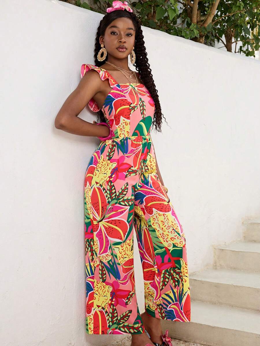 SHEIN Teen Girl Floral Print Square Neck Cap Sleeve Wide Leg Jumpsuit, Suitable For Vacation, Music Festival, Bohemian, Holiday, Date And Afternoon Tea