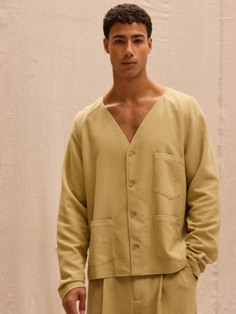 Musero Boxy Fit V Neck Textured Button Through Coat Spring Summer Streetstyle Holiday Vacation