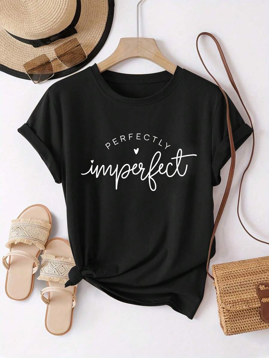 INAWLY Camiseta informal de mujer de verano PERFECTAMENTE Imperfecta de color negro