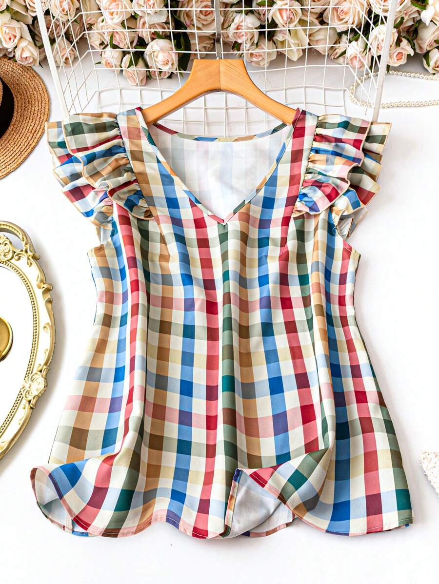 SHEIN LUNE Chemisier casual à imprimé à carreaux pour femme grande taille, pour l'été