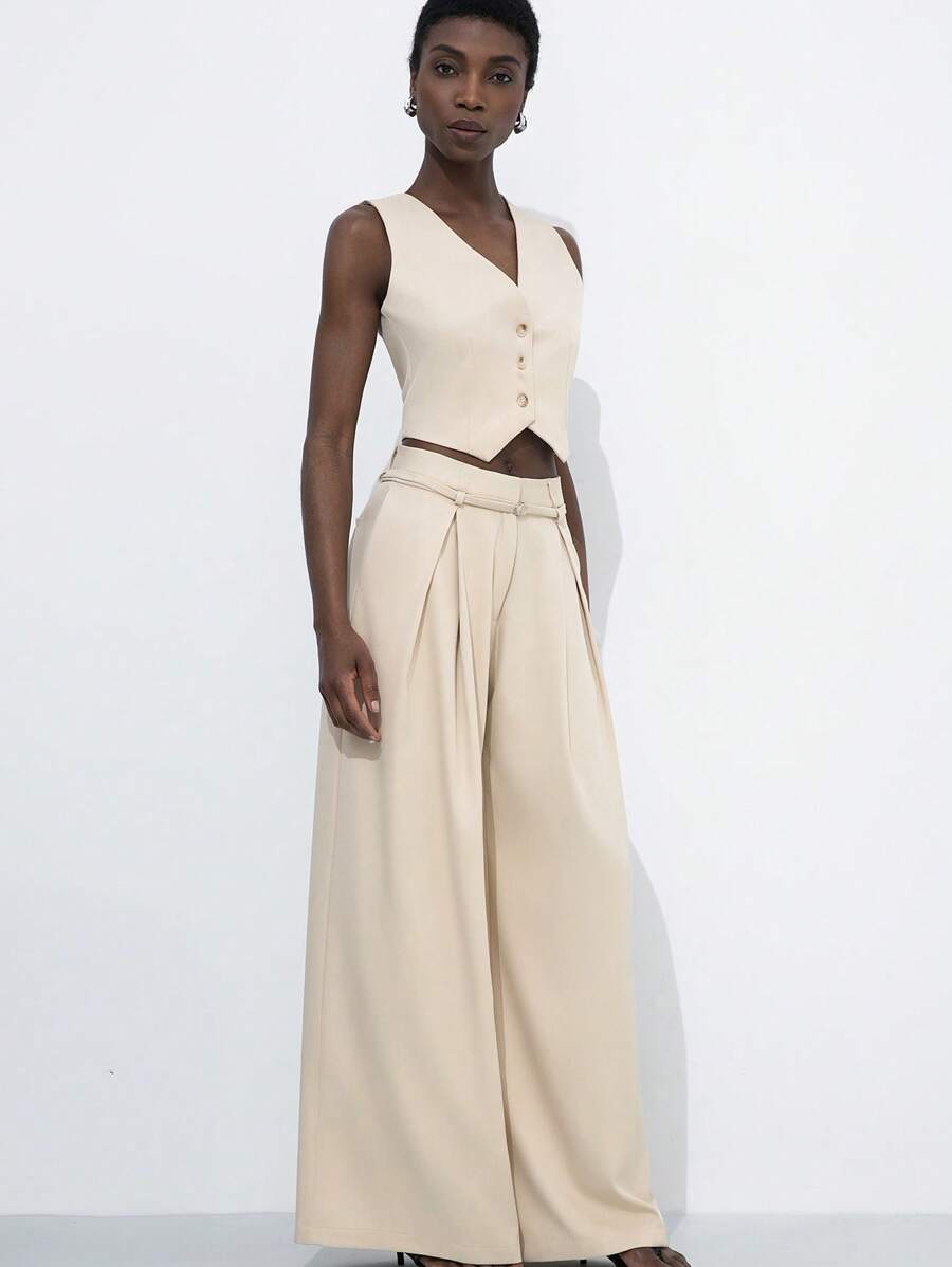 Aveloria Modichic Nuovo set di tailleur da donna alla moda, minimalista e polivalente, composto da blazer smanicato con scollo a V, vita aderente e pantaloni con vita alta e gamba ampia, vita stretta, adatto per l'ufficio e il tempo libero