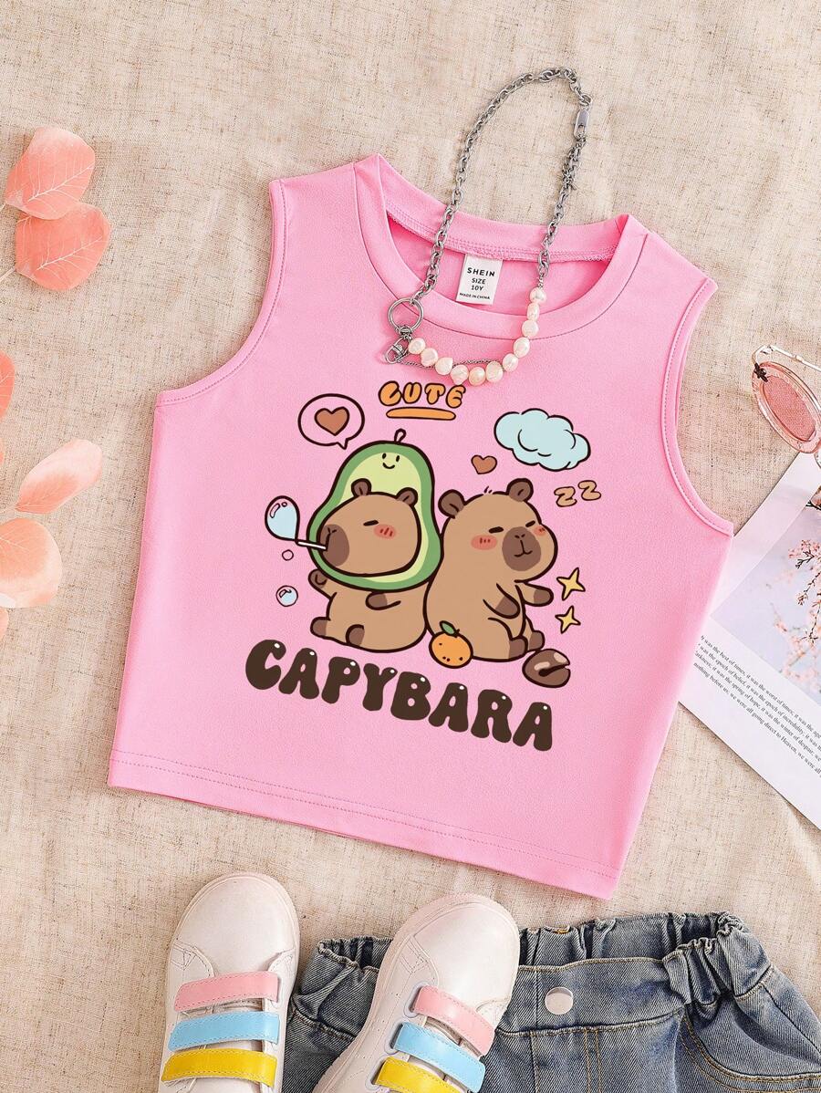 SHEIN WESTFADE Young Tween Girl Cute Capybara Friend Cartoon Print Round Neck Pink Camisole