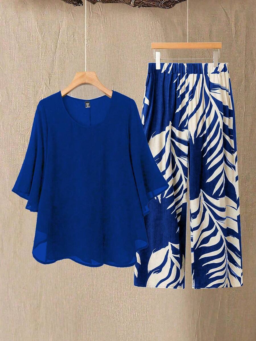 SHEIN Set da 2 pezzi Plus Size per donna, con blusa in chiffon a maniche a pipistrello e collo equipaggio