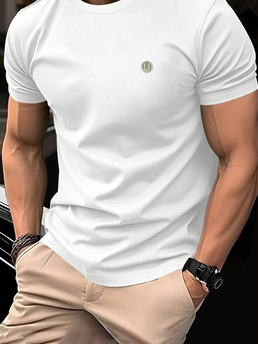 Manfinity Homme Camiseta casual de ajuste ceñido de manga corta con cuello redondo y estampado de letras para hombres
