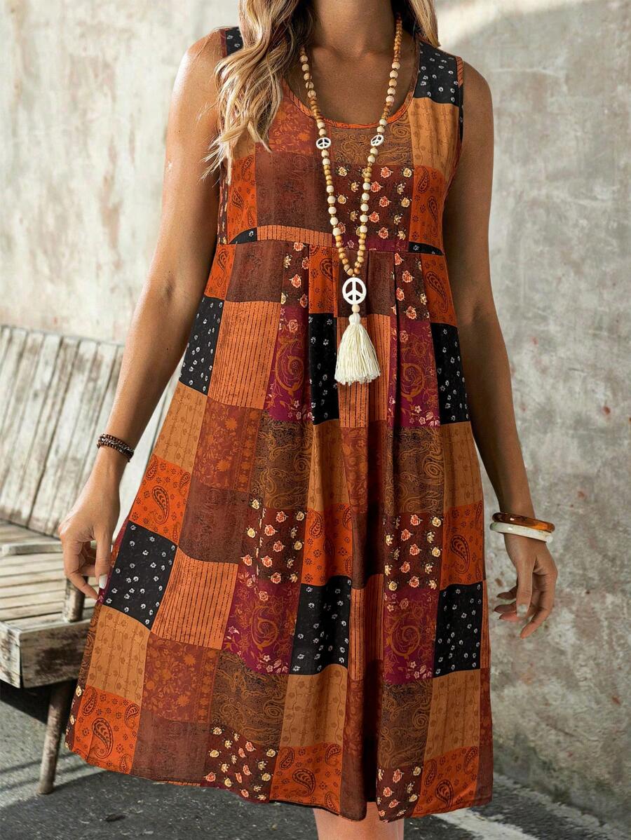 EMERY ROSE Vestido de mujer sin mangas de tejido con estampado de cuadros y paisley, ideal para vacaciones