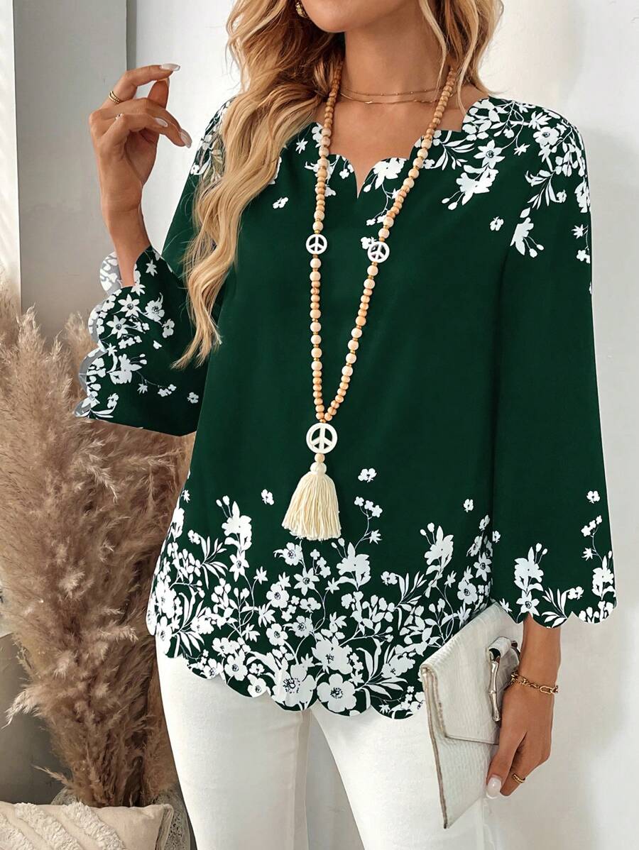 EMERY ROSE Blusa negra con estampado floral para mujer talla grande de principios de primavera