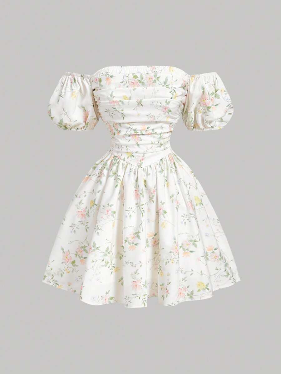 SHEIN MOD Vestido camiseta corto con hombros descubiertos y estampado floral, vestido de cóctel para fiesta y baile de graduación