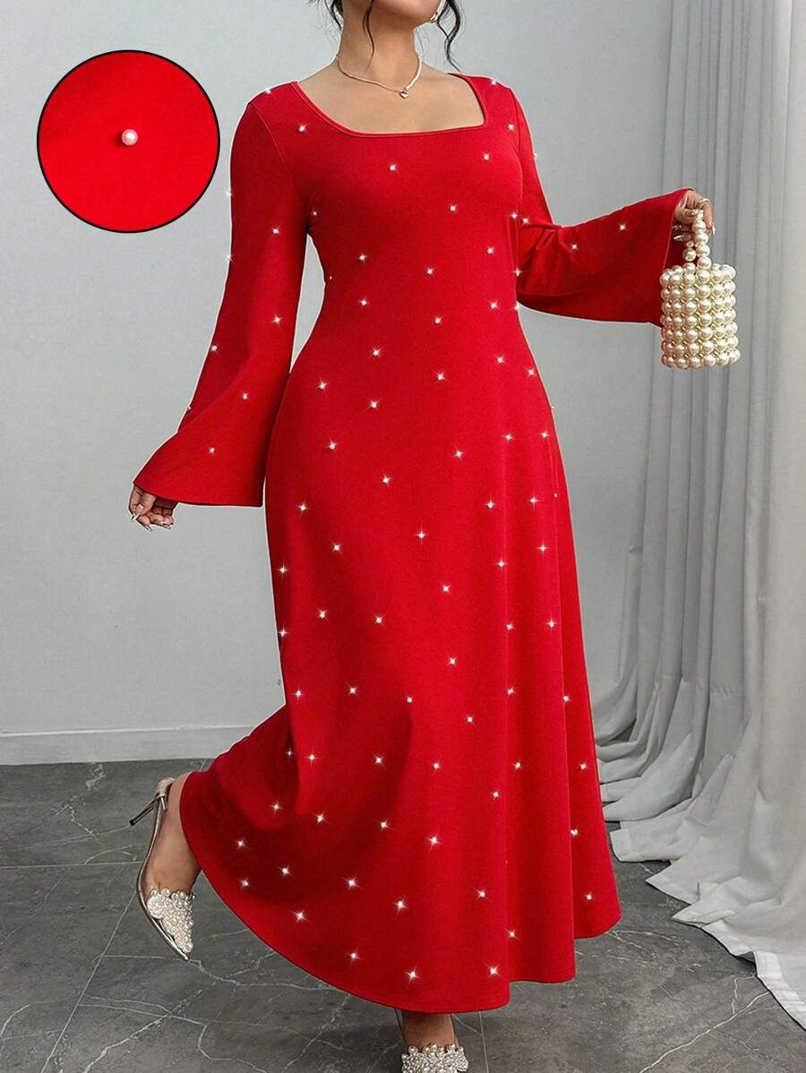 Elenzga Vestito lungo elegante da donna con maniche lunghe, scollo a U, decorato con perline, adatto a taglie forti