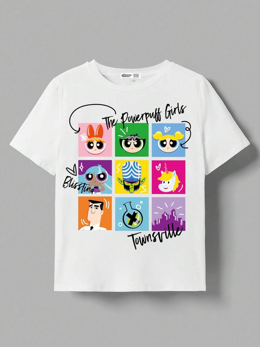 THE POWERPUFF GIRLS X SHEIN Tween Girls Blossom, Bubbles, Buttercup, Blisstina Graphic Print Short Sleeve T-Shirt