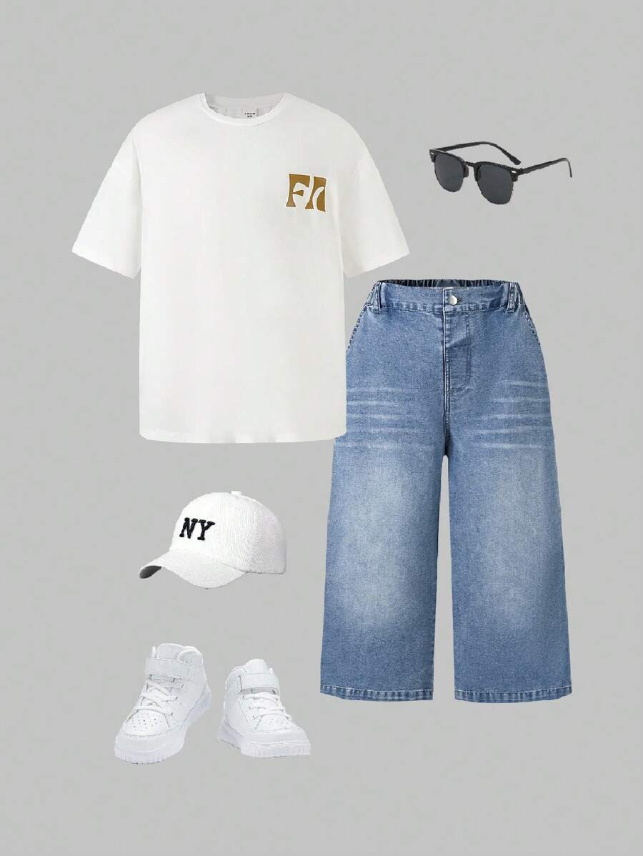 Set de 2 prendas casuales para niños: Camiseta con estampado gráfico y pantalones capri de mezquilla retro, verano