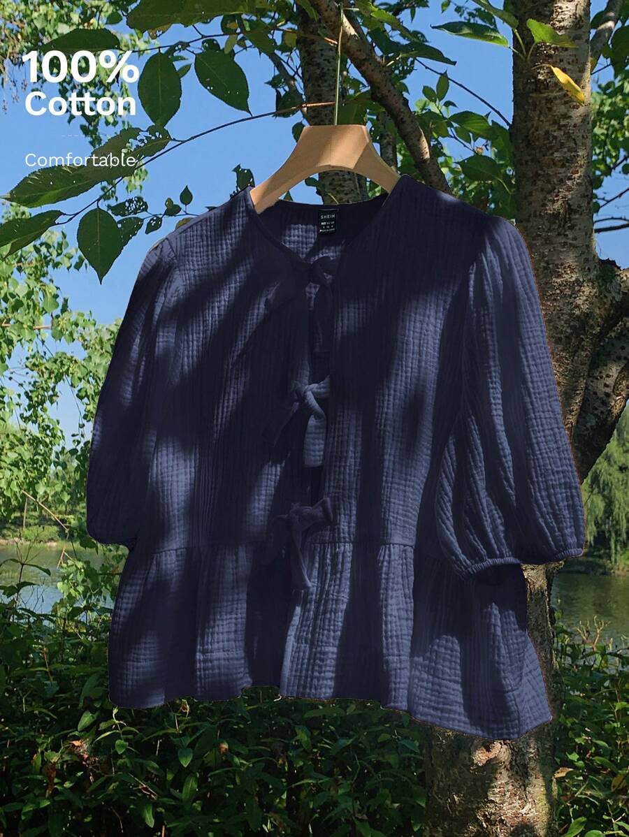 Comfortcana Camisa casual de verano para mujer de tela de lino arrugada con cuello redondo, mangas abullonadas y cintura con lazo