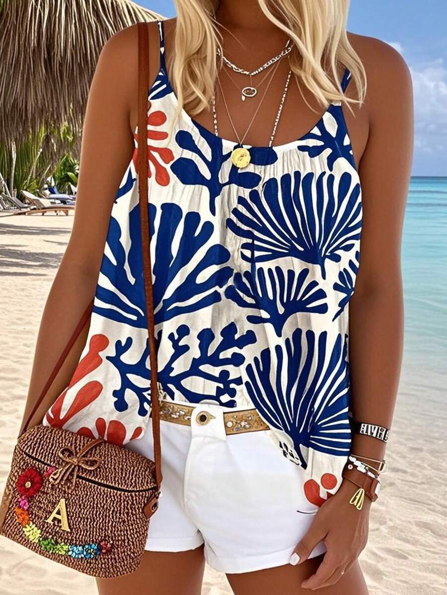 INAWLY Camiseta sin mangas de tiras finas de talla grande con estampado total para vacaciones informales