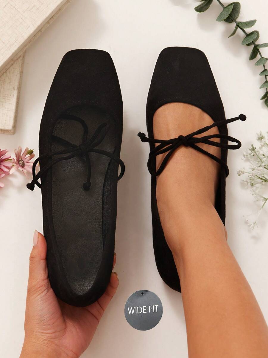 SHUZIA Zapato de ballet con diseño elegante, ligeroso y de baja altura, con lazo decorativo, en color negro de imitación, con un ajuste ancho a la moda