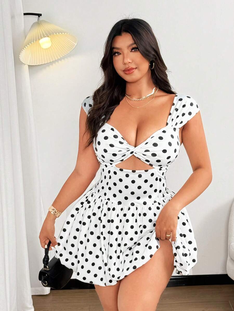 Sunnyshic Vestido sexy de talla grande de mujer con diseño retorcido y estampado de lunares con efecto hueco