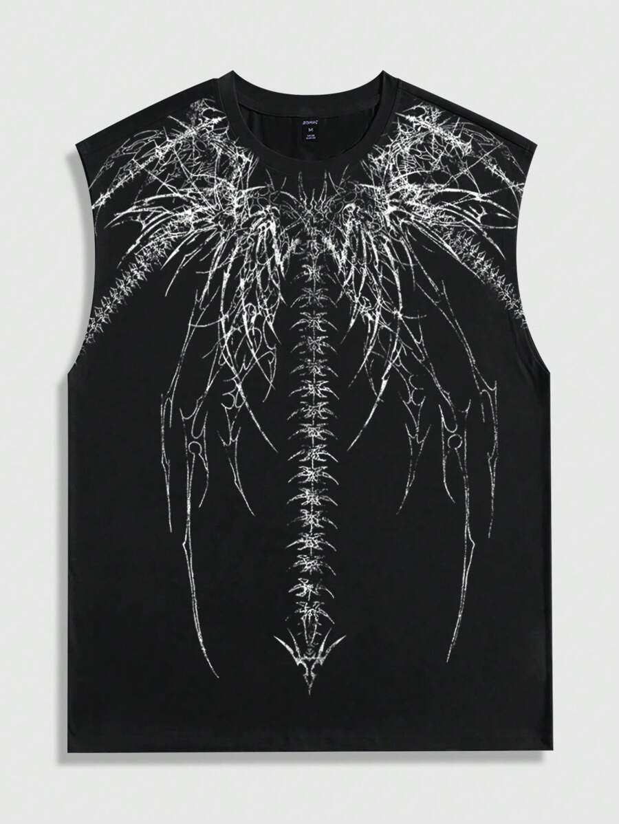 ROMWE MEN Goth Camiseta de tirantes de cuello redondo informal con estampado de esqueleto para hombre