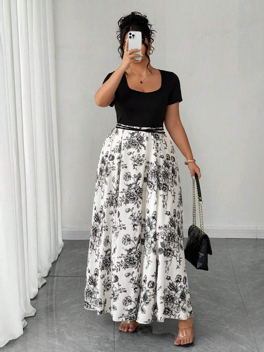 Elenzga Abito midi da donna con scollo quadrato e stampa ad acqua in taglie comode