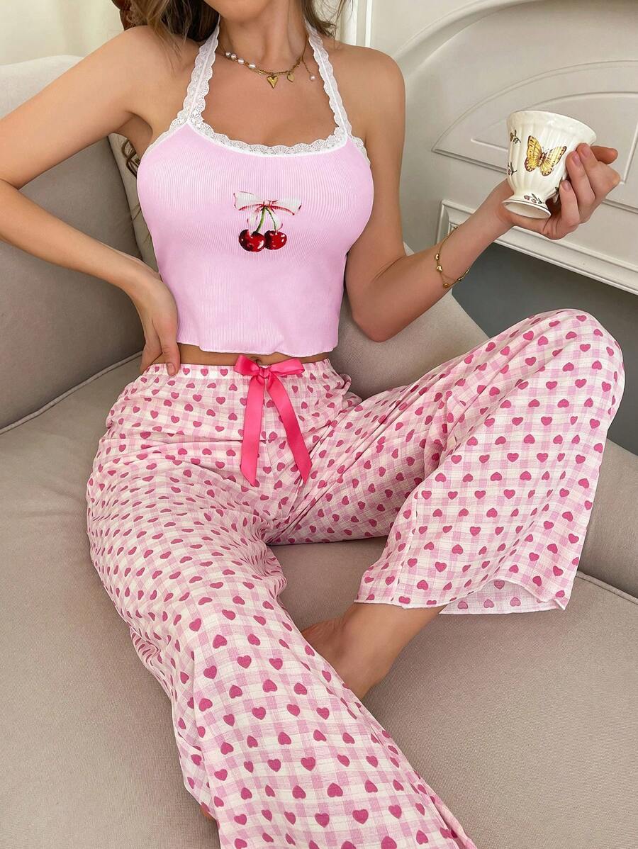 Top de pijama para mujer con estampado de cerezas y encaje en la unión halter