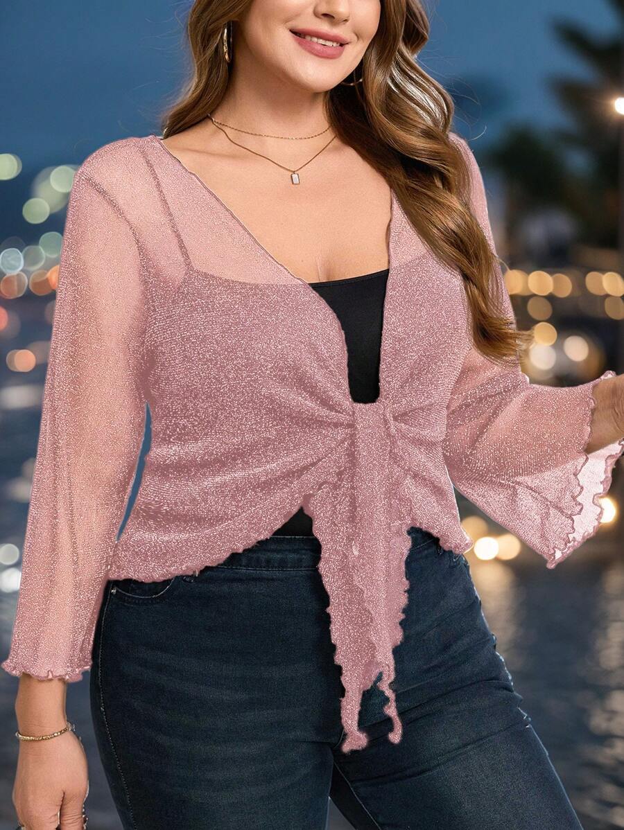 SHEIN Clasi Hollow Lace-Up Ruffles Hem Cropped Cardigan With Puff Sleeves, Festival Costume Plus Size Tops For Women