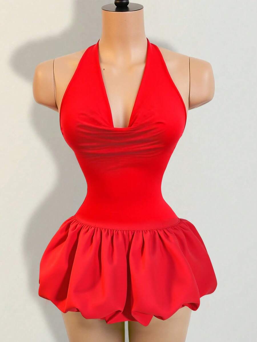 BamGleam Women's Solid Color Draped Neck Ruffle Hem Sexy Halter Short Dress