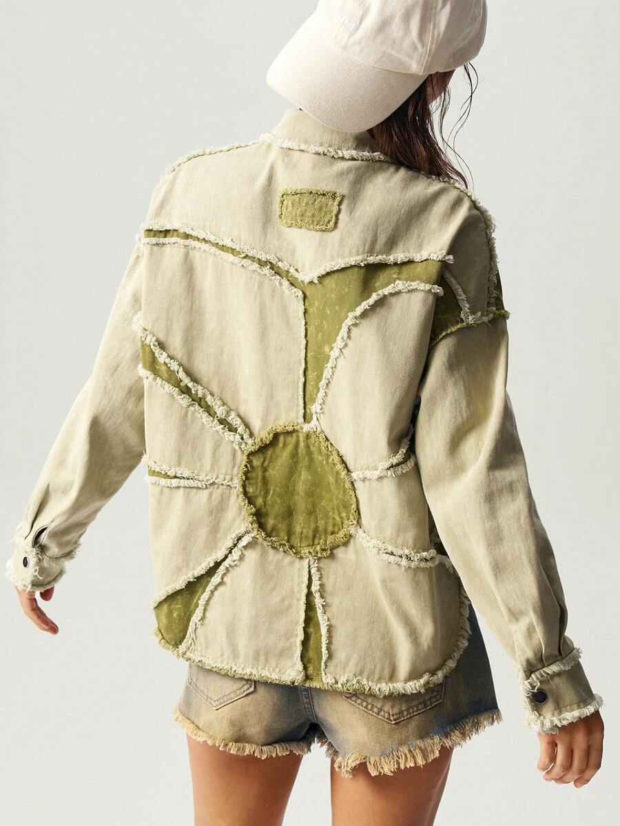 Bohemela 1pc Women's Casual Woven Patchwork Turndown Collar Long Sleeve Loose Washed Jacket