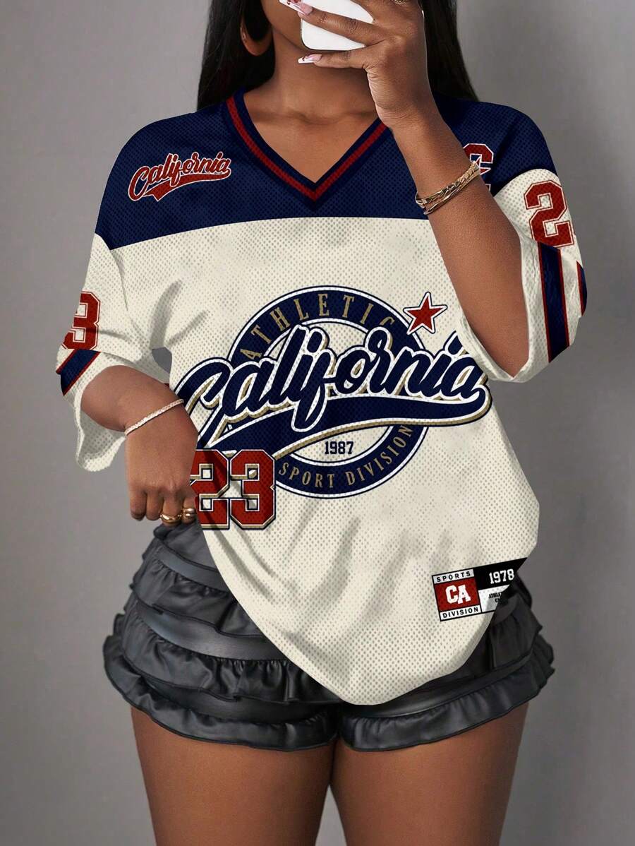 Slaydiva Camiseta de mujer informal y retro con letras y números impresos en malla, apropiada para el verano y la temporada deportiva