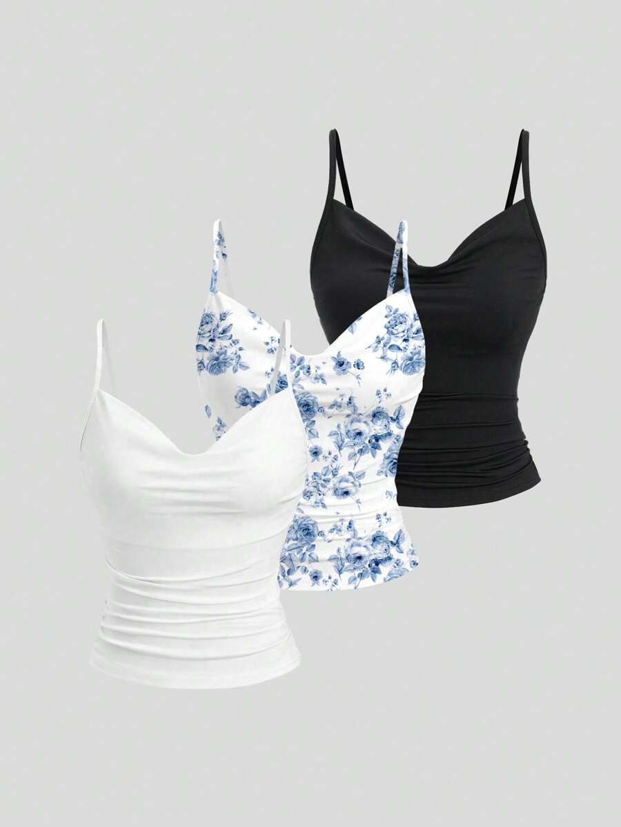 Sweetra 3pcs Set Women Leopard Print Slimming V-Neck Cami Top, Versatile Undershirts Y2K Graphic Cheetah Print Women Tops