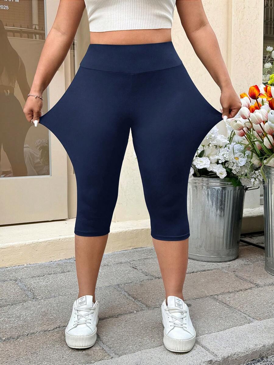 SHEIN EZwear Plus Size Navy Blue Cropped Leggings, Vacation Style, Spring/Summer