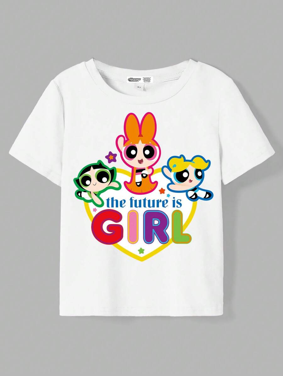 THE POWERPUFF GIRLS X SHEIN Camiseta de manga corta blanca con estampado de Flor, Burbujas y Ranúnculo para niña