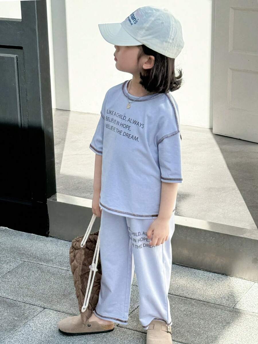 Young Girl Knitted Letter Printed Loose Fit Round Neck Pullover T-Shirt And Knitted Leeging Set, Casual Everyday Wear, Great For Casual & Daily Wear & School Daily ,