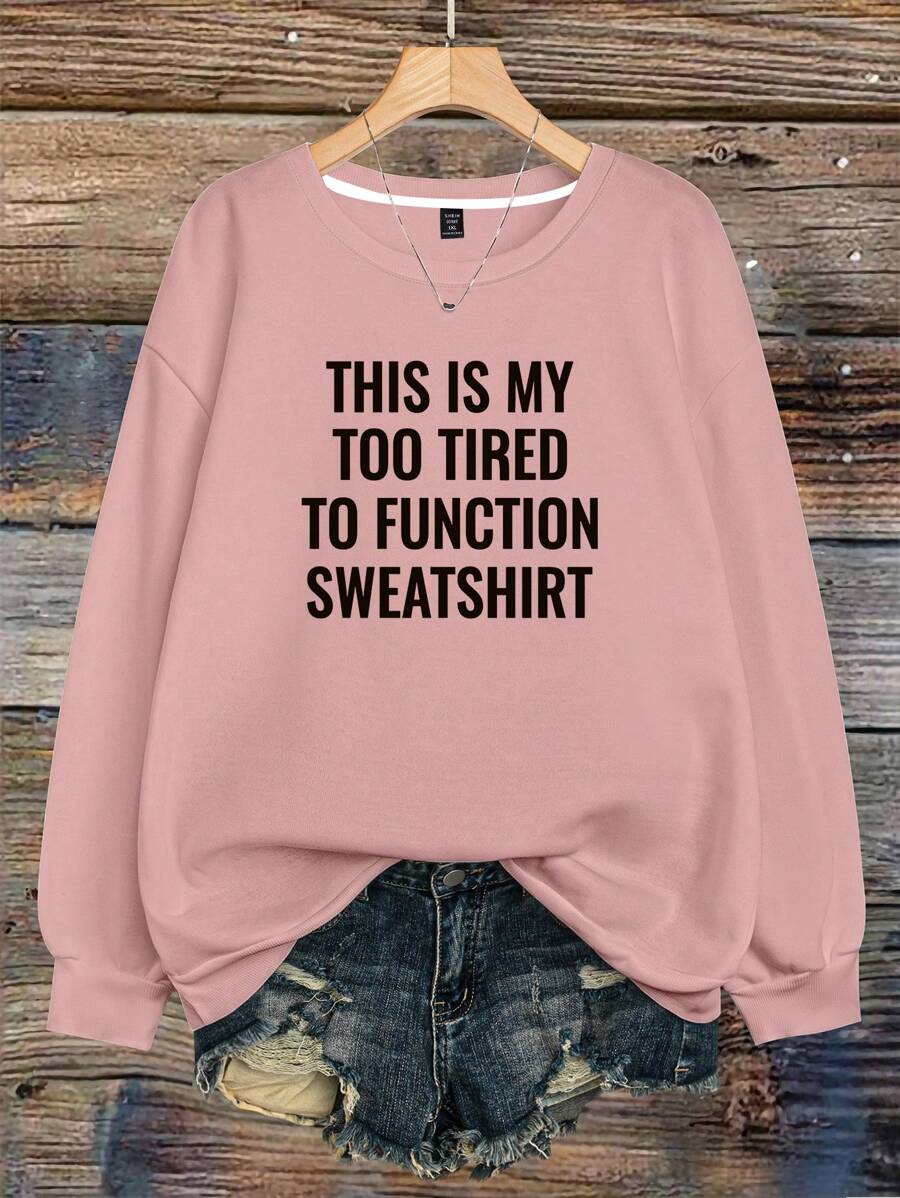 SHEIN LUNE Sudadera de moda para mujeres de talla grande con patrón de letras y eslogan impreso en cuello redondo