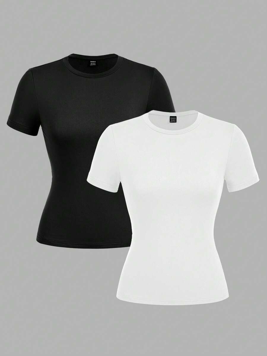 SHEIN EZwear 2 Pcs Casual Minimalist Basic Crew Neck Short Sleeve T-Shirts, Suitable For Spring/Summer Layering