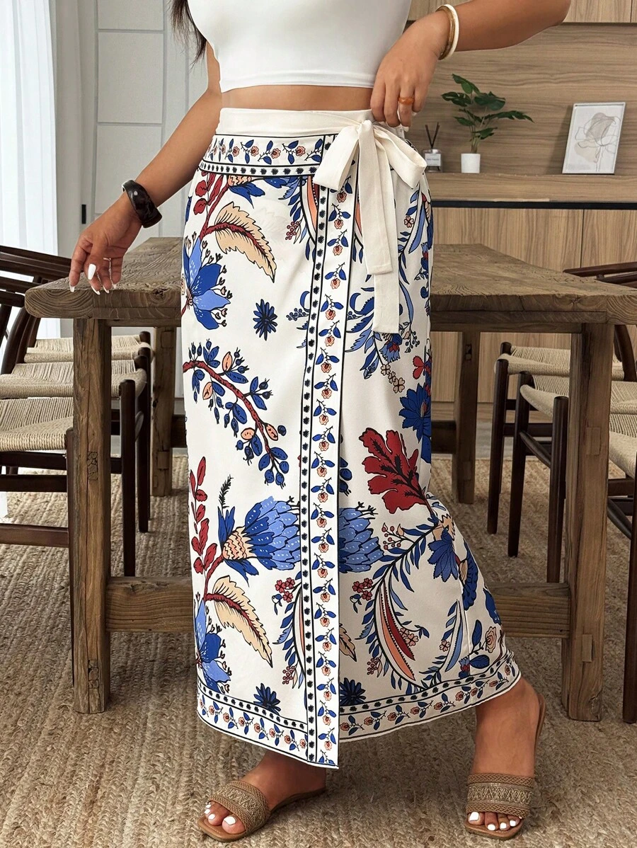 Weeklong Plus Size Summer Floral Print Wrap Tie-Side Skirt For Vacation