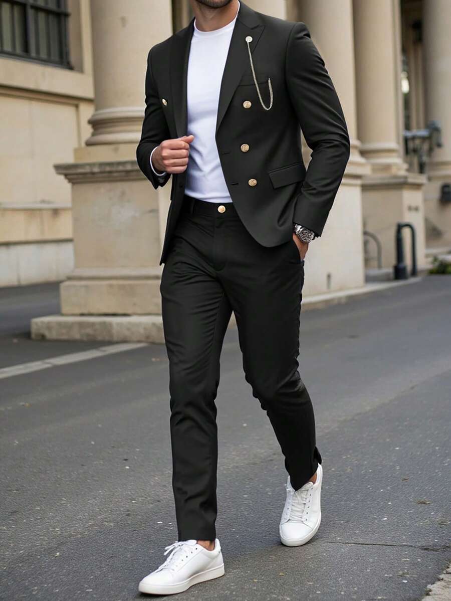Manfinity Bizformal Set de 2 piezas compuesto por chaqueta de solapa doble botonadura y pantalones, de unicolor para hombre
