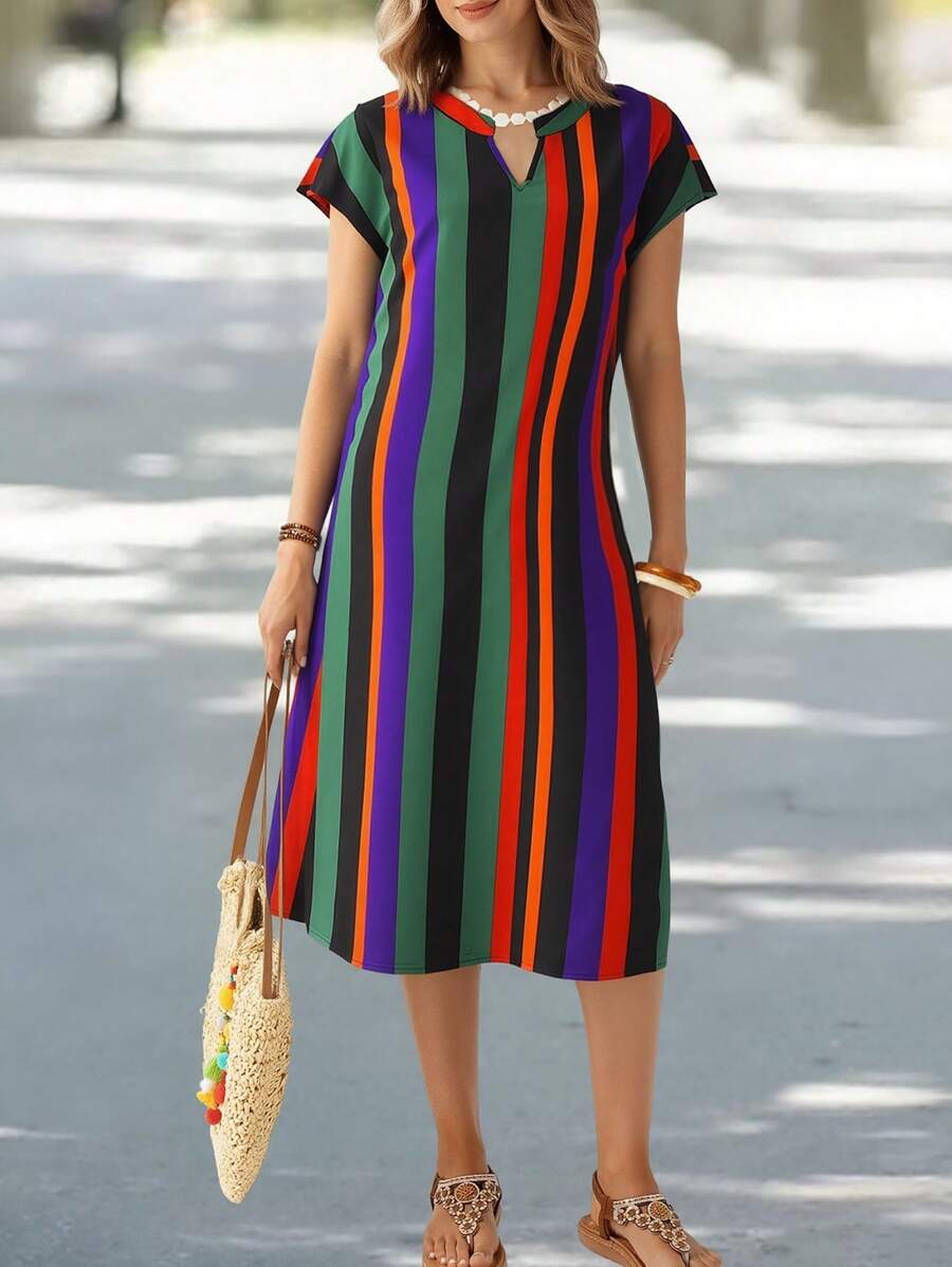 EMERY ROSE Women's Midi Striped Dress, Short Sleeve, Fashionable Summer